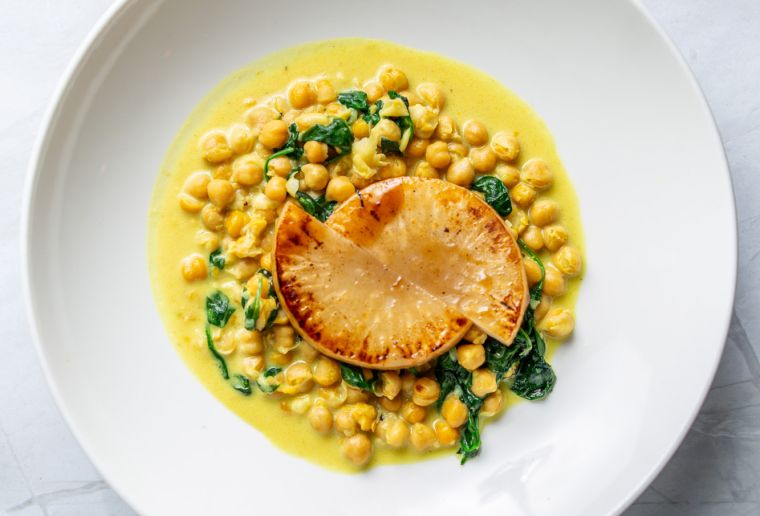 Grilled celeriac with chickpea stew